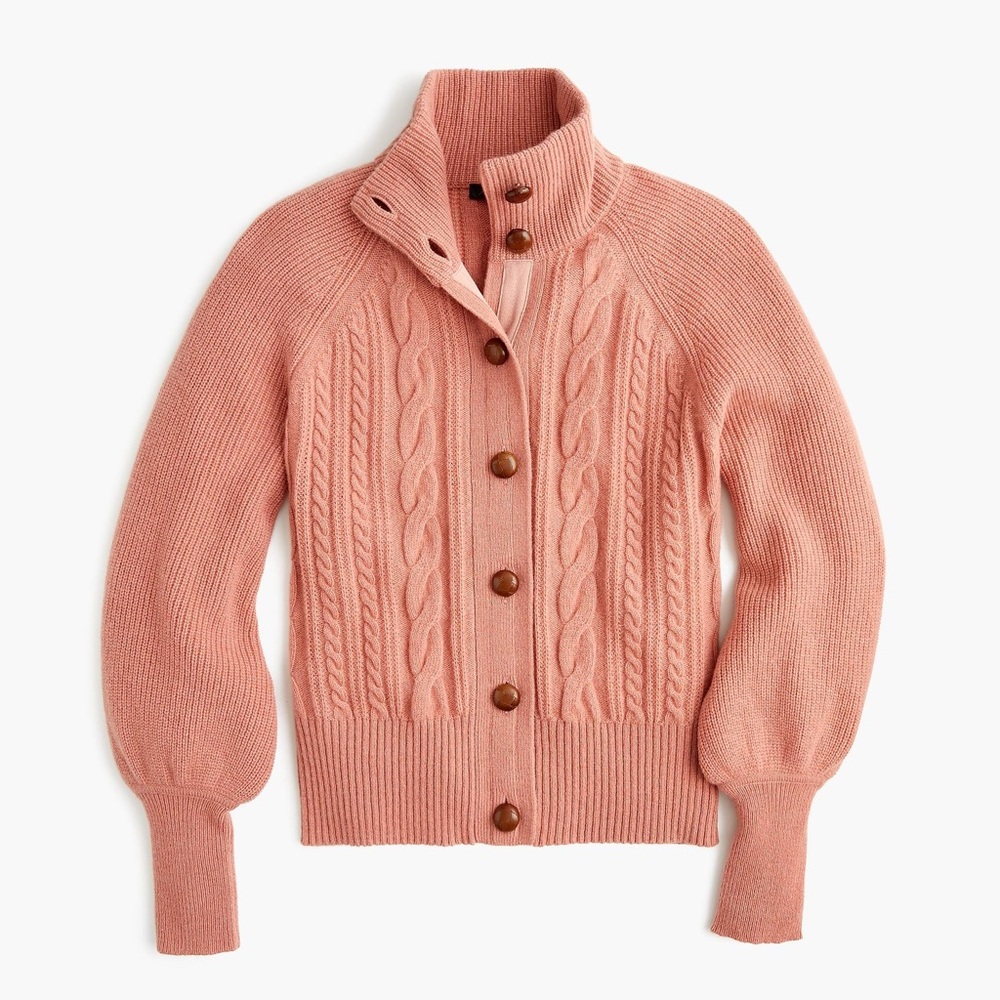 Pink Med JCrew Balloon Sleeve Cable Knit Cardigan